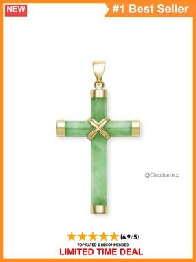 Hand-Carved Natural Jade Cross Pendant Necklace in 14K Yellow Gold
